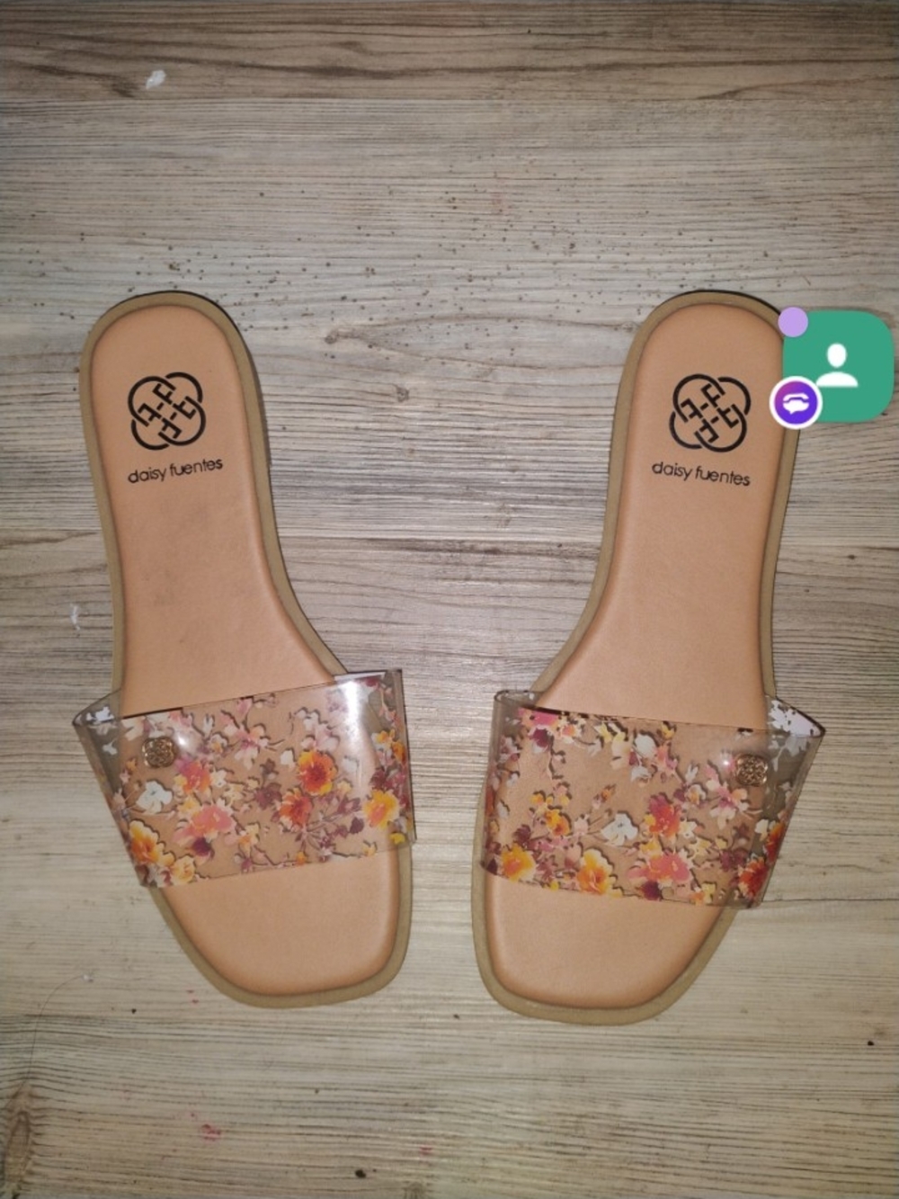 Daisy Fuentes Floral Clear-Band Slide Sandals in Tan and Pink
